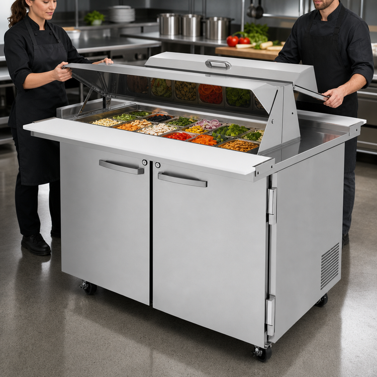 Product image #3 for Turbo Air PRO Series Mega Top Refrigerated Sandwich/Salad Prep Table, 48-1/4 Inch Wide, 2-Section, Dual-Sided Lid, 18-Pan Top