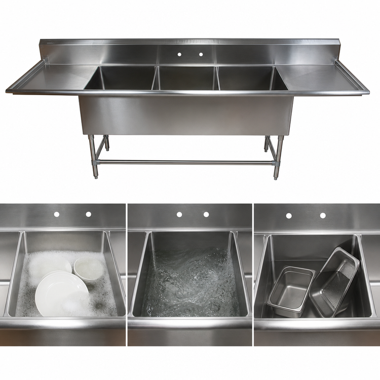 Product image #3 for John Boos Pro-Bowl 3-Compartment Stainless Steel Sink with Left and Right Drainboards