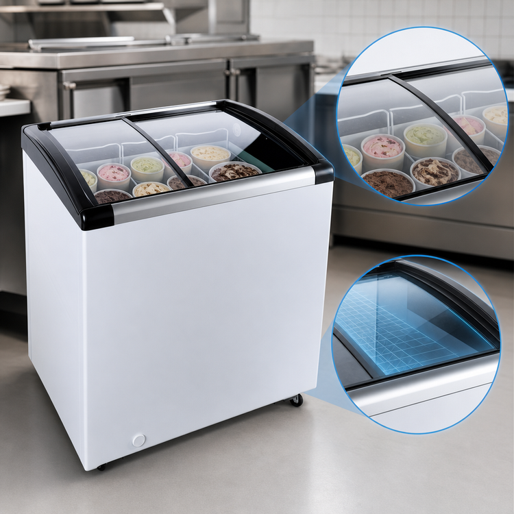 Product image #4 for Omcan Ice Cream Display Chest Freezer, 4.1 Cu. Ft., Curved Sliding Glass Doors