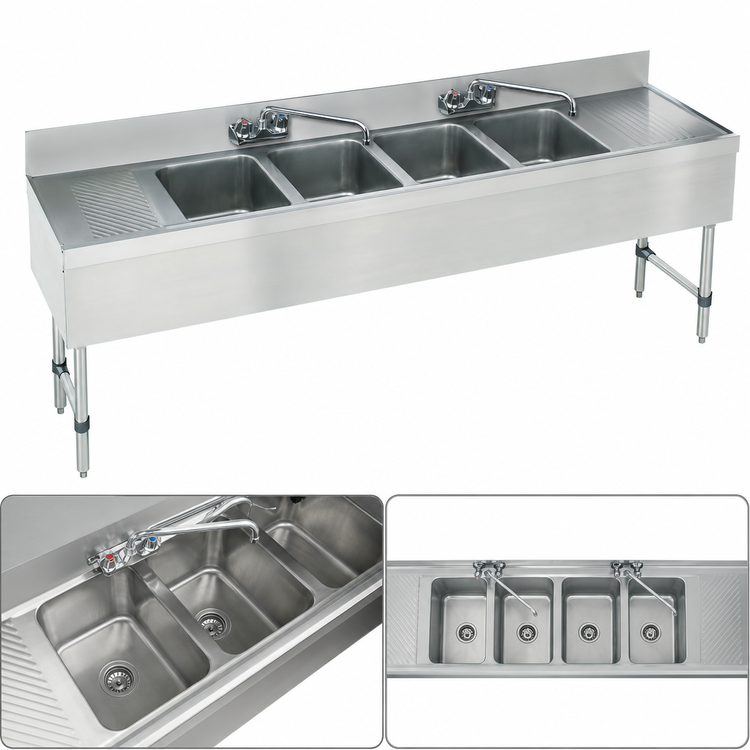 Product image #3 for Advance Tabco Special Value Series SLB-64C 72-Inch x 18-Inch 4-Compartment Stainless Steel Underbar Bar Sink with Dual Drainboards and Splash-Mount Faucets