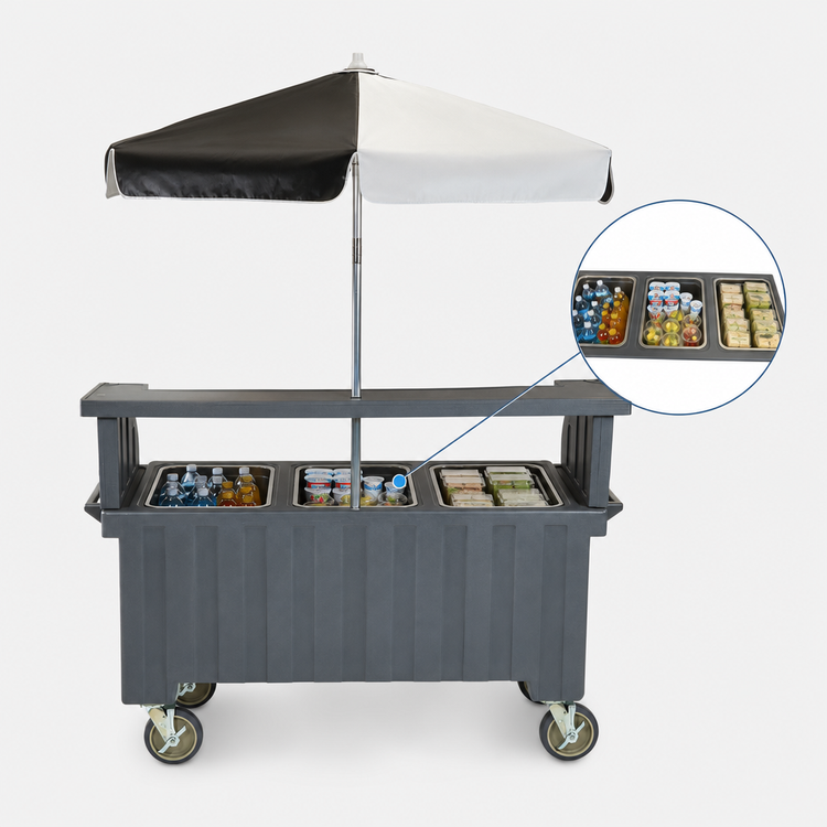 Product image #4 for Cambro Camcruiser Granite Gray Vending Cart with 3 Countertop Wells, Rear Storage, and 72-Inch Umbrella