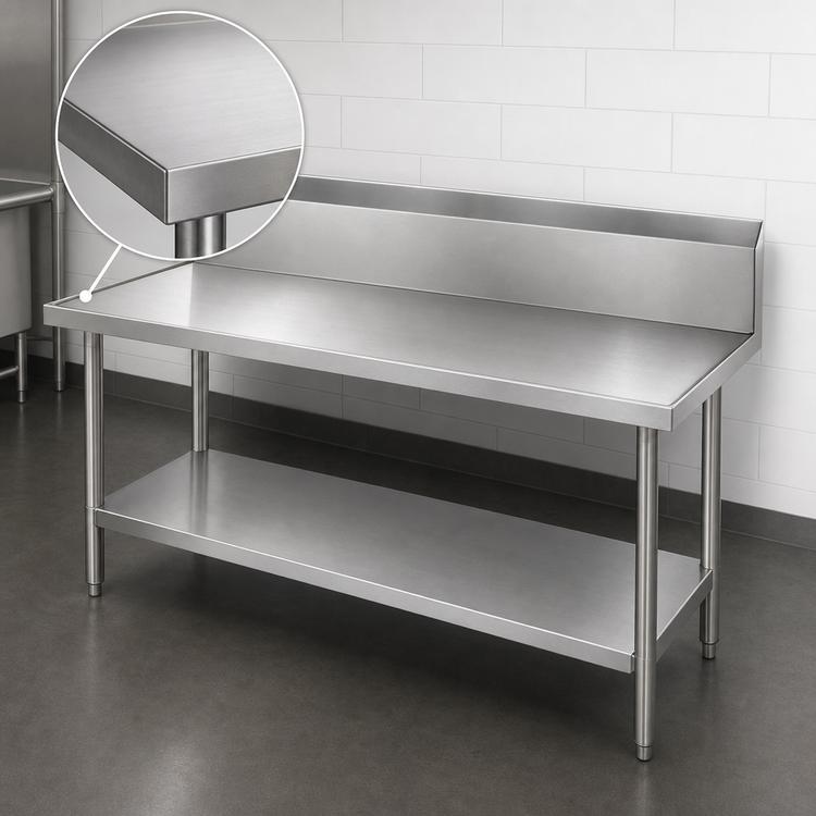 Product image #3 for Advance Tabco 72-Inch 14-Gauge 304 Stainless Steel Work Table with 10-Inch Backsplash and Adjustable Galvanized Undershelf