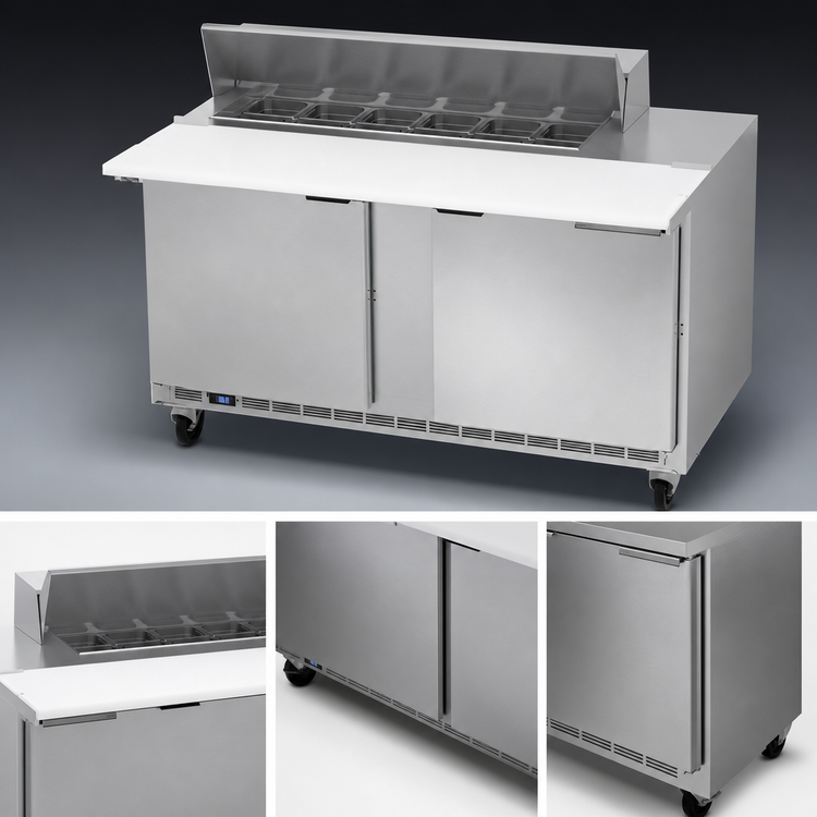Product image #4 for Beverage-Air Two-Section Sandwich Prep Table Refrigerated Counter with 17-Inch Cutting Board, 60-Inch Wide, 12-Pan Top