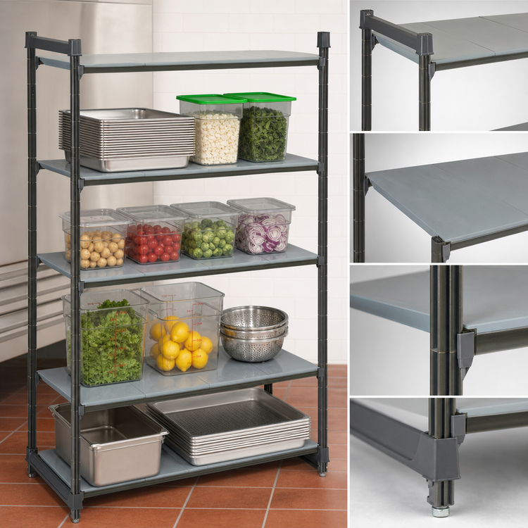 Product image #3 for Cambro Camshelving Basics Plus 4-Tier Solid Stationary Polymer Shelving Starter Unit, 18" x 30" x 72", Brushed Graphite