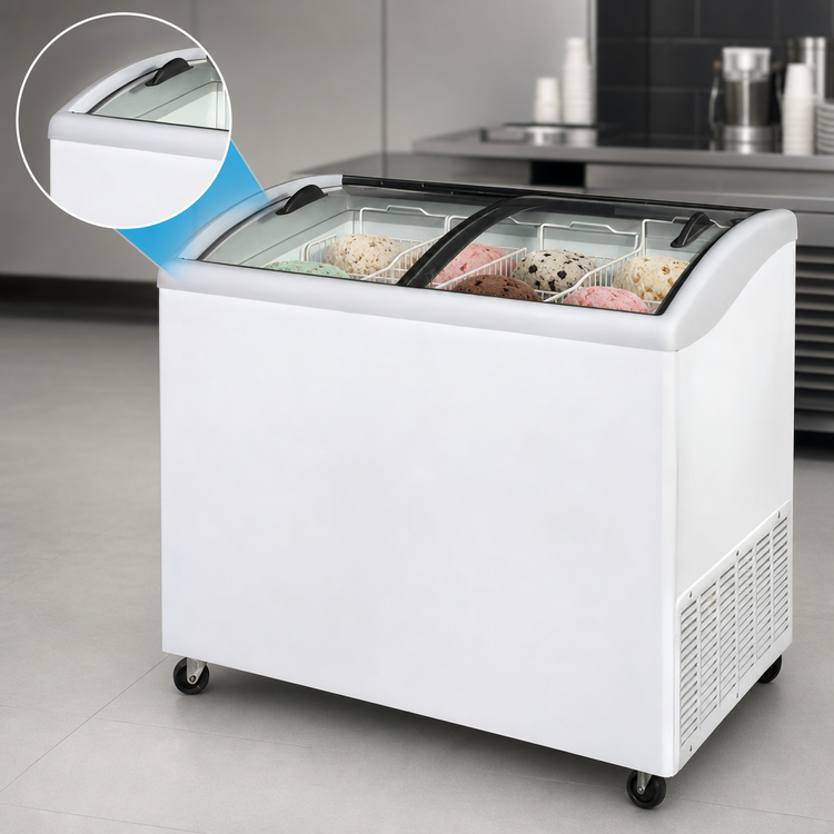 Product image #3 for Beverage Air NC51HC-1-W Angled-Top Novelty Ice Cream Freezer with 2 Removable Glass Lids, 13.19 Cu. Ft., White