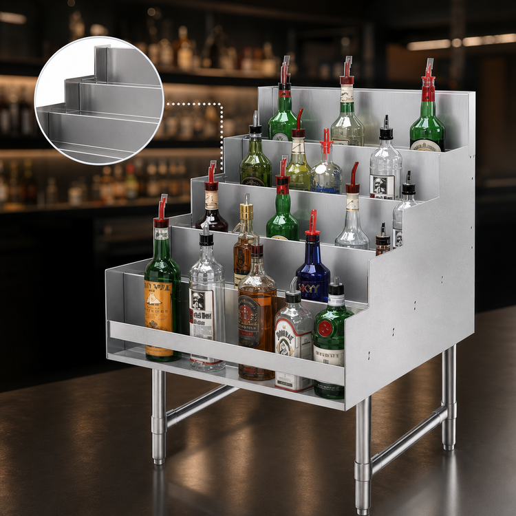 Product image #4 for Advance Tabco 18-Inch Freestanding 5-Step Stainless Steel Liquor Bottle Display Unit