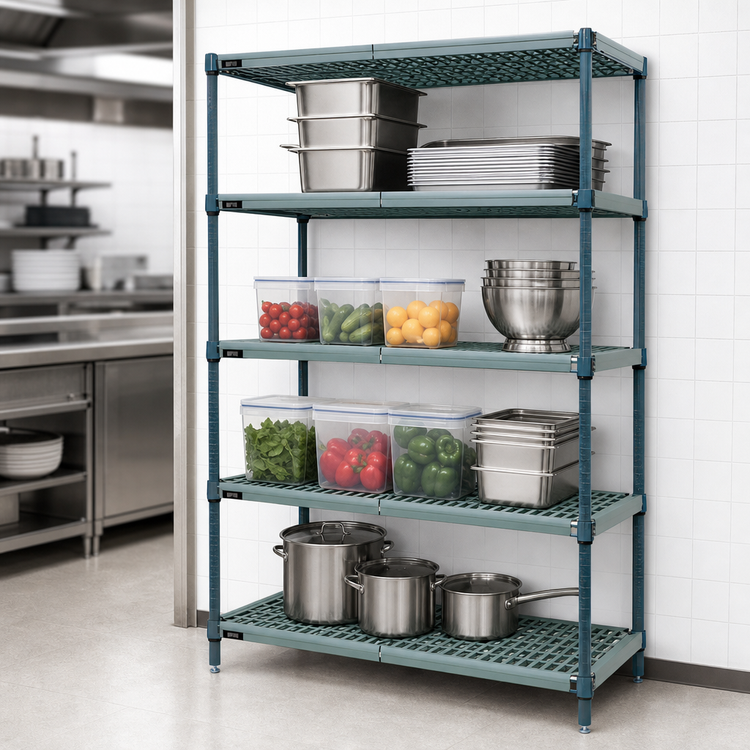 Product image #3 for Quantum 4-Tier Stationary Louvered Wire Plastic Mat Shelving Unit, 60 x 21 x 86 Inch, Green Epoxy Antimicrobial Coating