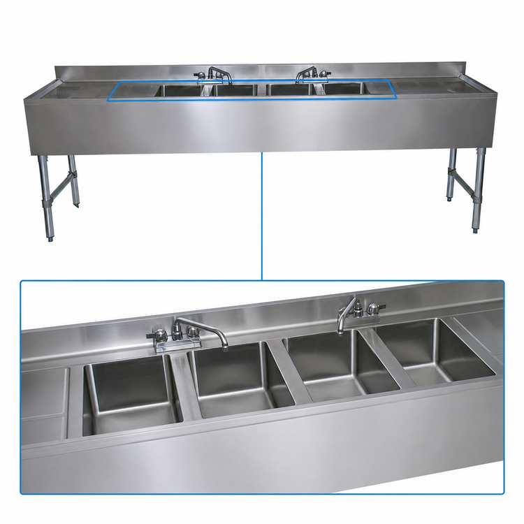 Product image #3 for BK Resources Slim-Line Four-Compartment Underbar Sink with Left & Right Drainboards, 96 Inch Wide