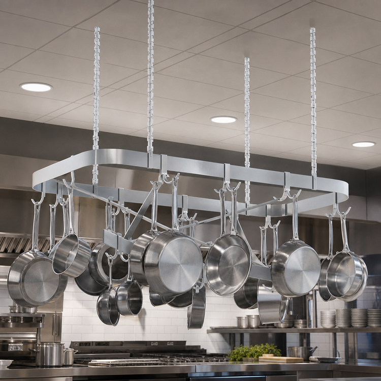 Product image #3 for Ceiling-Mounted Triple-Bar Stainless Steel Commercial Pot Rack, 96 Inches W x 22 Inches D
