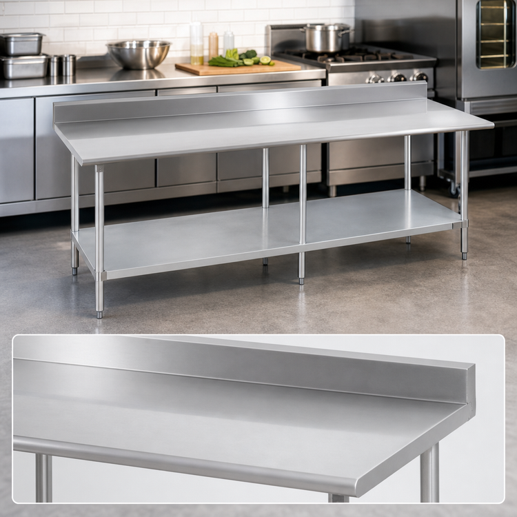 Product image #3 for 108-Inch Stainless Steel Work Table with 5-Inch Backsplash and Galvanized Undershelf