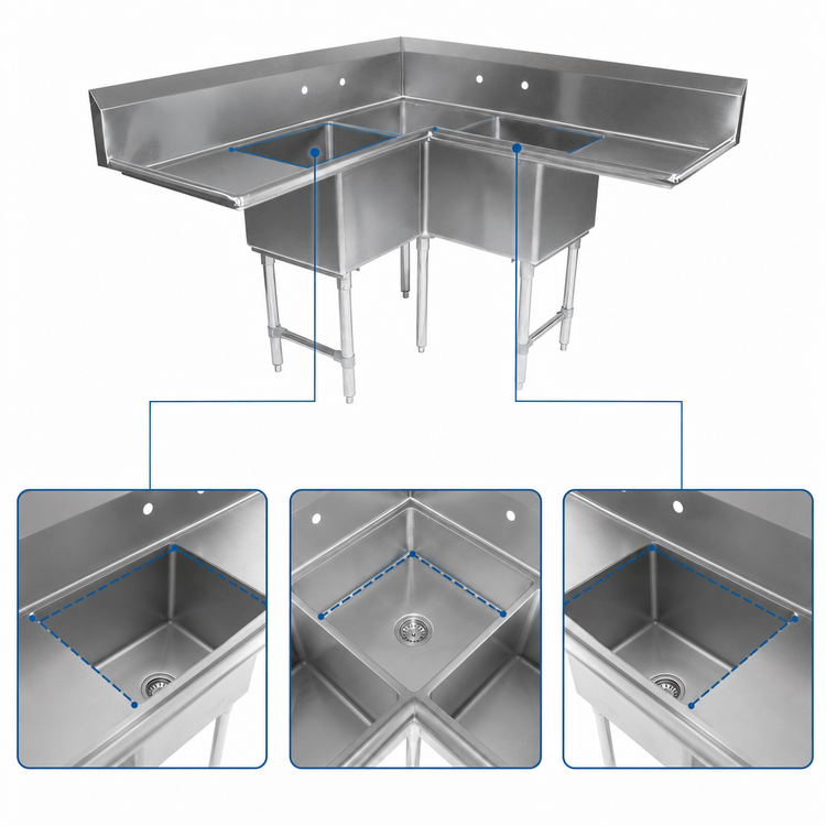 Product image #3 for John Boos Pro-Bowl Corner 3-Compartment Stainless Steel Sink with Dual 36-Inch Drainboards