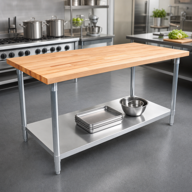 Product image #3 for John Boos 120 Inch Northern Hard Rock Maple Wood Top Work Table with Stainless Steel Base and Adjustable Undershelf