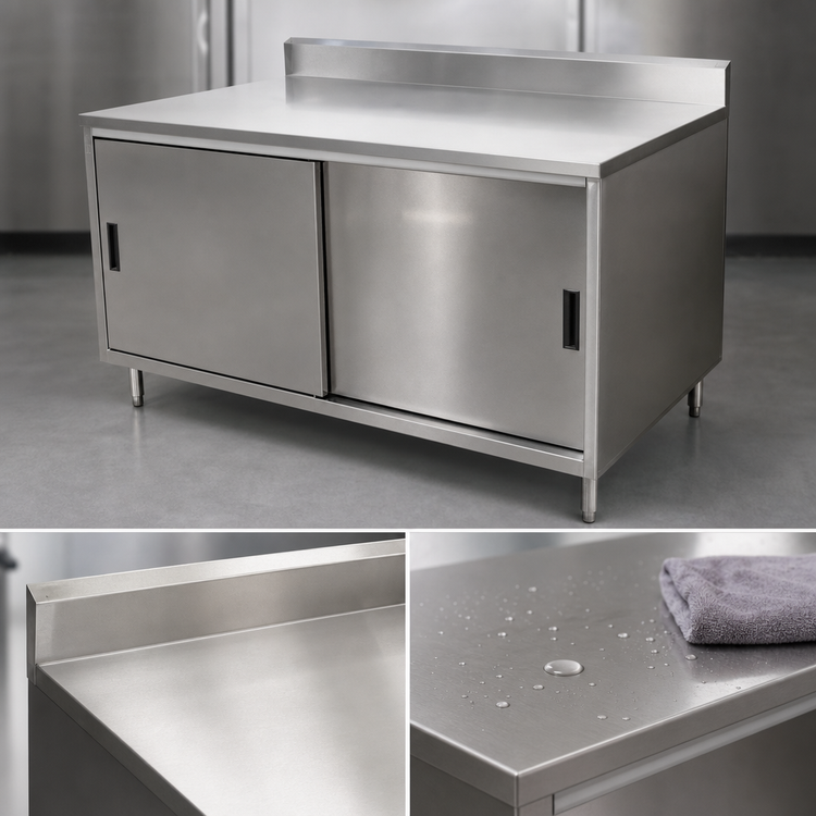 Product image #3 for BK Resources 60 Inch x 30 Inch Stainless Steel Chef Table with Cabinet Base, Sliding Doors, and 5 Inch Backsplash