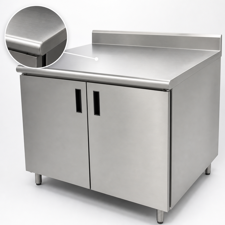 Product image #3 for Advance Tabco Special Value Economy Enclosed Work Table with Cabinet Base, Mid-Shelf and Hinged Doors, 48 x 30 Inch, 304 Stainless Steel Top, 5 Inch Backsplash