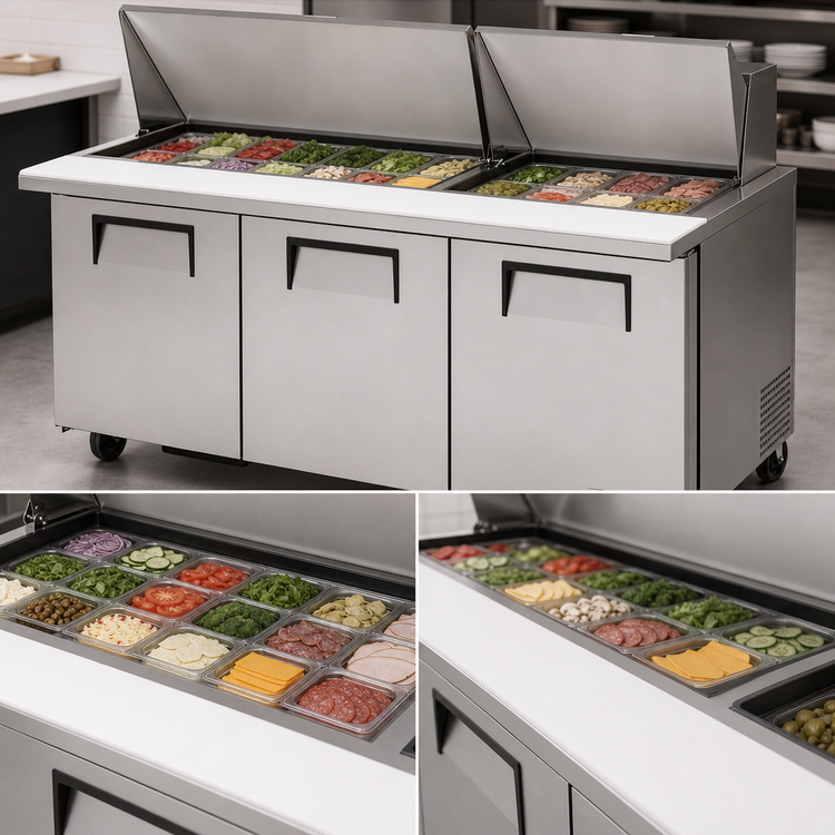 Product image #3 for True Mega Top 72-Inch 3-Section Refrigerated Sandwich/Salad Prep Table with 30-Pan Rail
