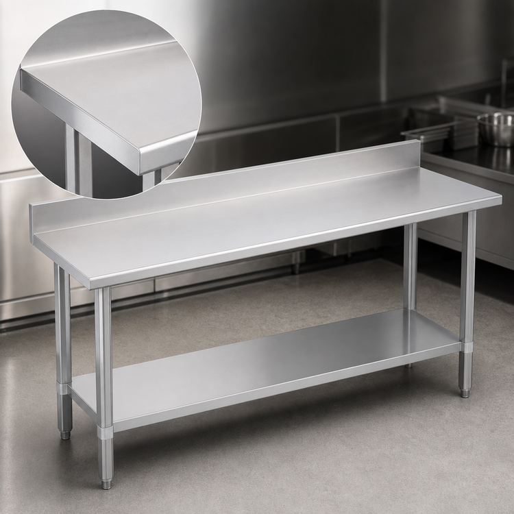 Product image #3 for Duke 72-Inch x 24-Inch 14-Gauge 300 Series Stainless Steel Work Table with 5-Inch Riser and Galvanized Undershelf