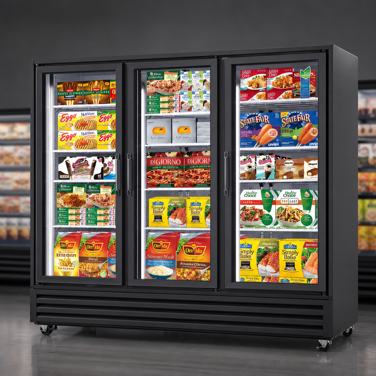 Product image #3 for Everest Refrigeration Three-Section Reach-In Glass Door Merchandiser Freezer, 69 Cu. Ft., 74-3/4 Inch Wide, Bottom-Mounted Self-Contained