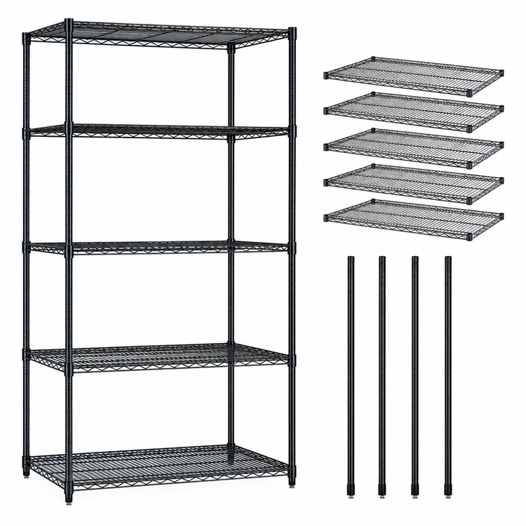 Product image #3 for Quantum Stationary Wire Shelving Starter Kit, 60"W x 36"D x 86"H, 5 Shelves, Black Epoxy Finish