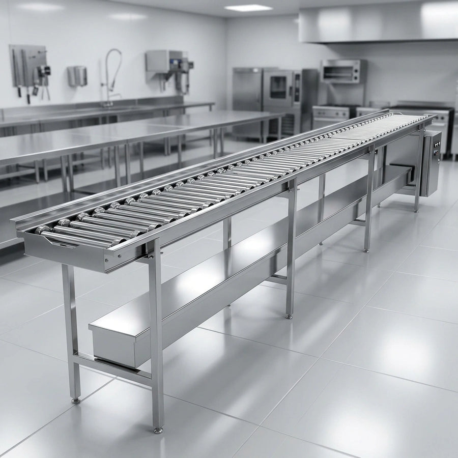 This image showcases the 18-foot tray make-up conveyor, highlighting its durable and hygienic stainless steel construction perfect for demanding commercial kitchens.