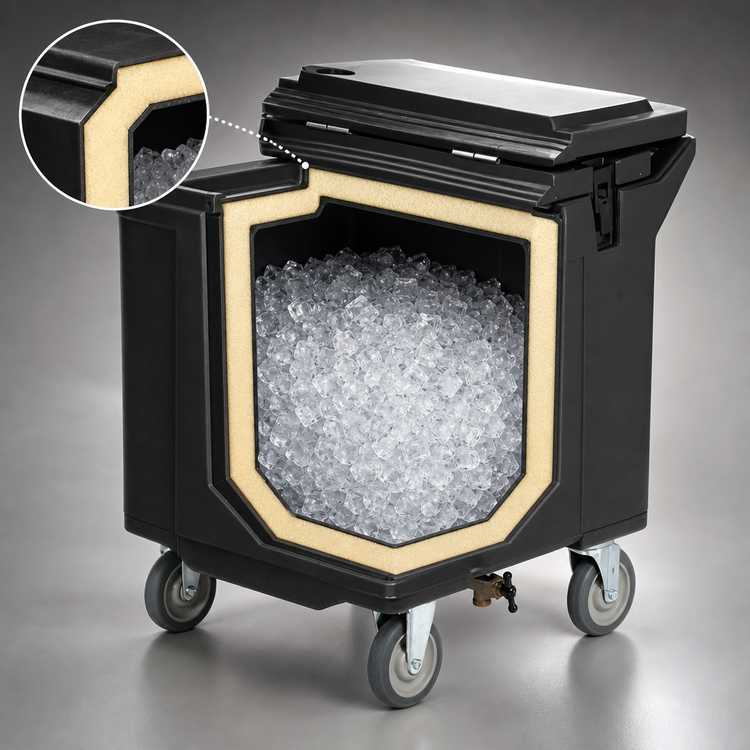 Product image #4 for Cateraide™ 125 lb. Mobile Insulated Ice Caddy with Shelf and Drain Faucet, Black