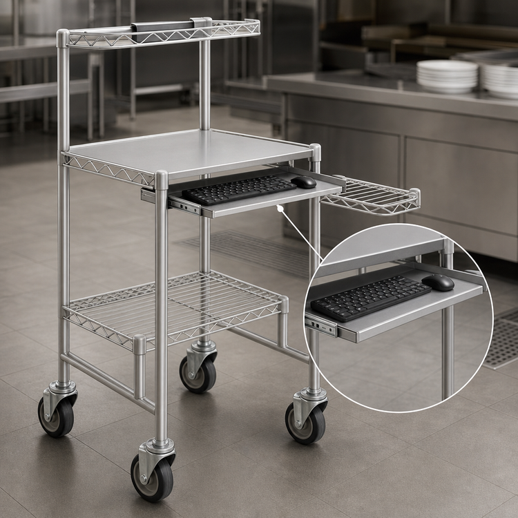 Product image #3 for 30" x 30" Stainless Steel Mobile Computer Workstation with Keyboard Drawer and Wire Shelves