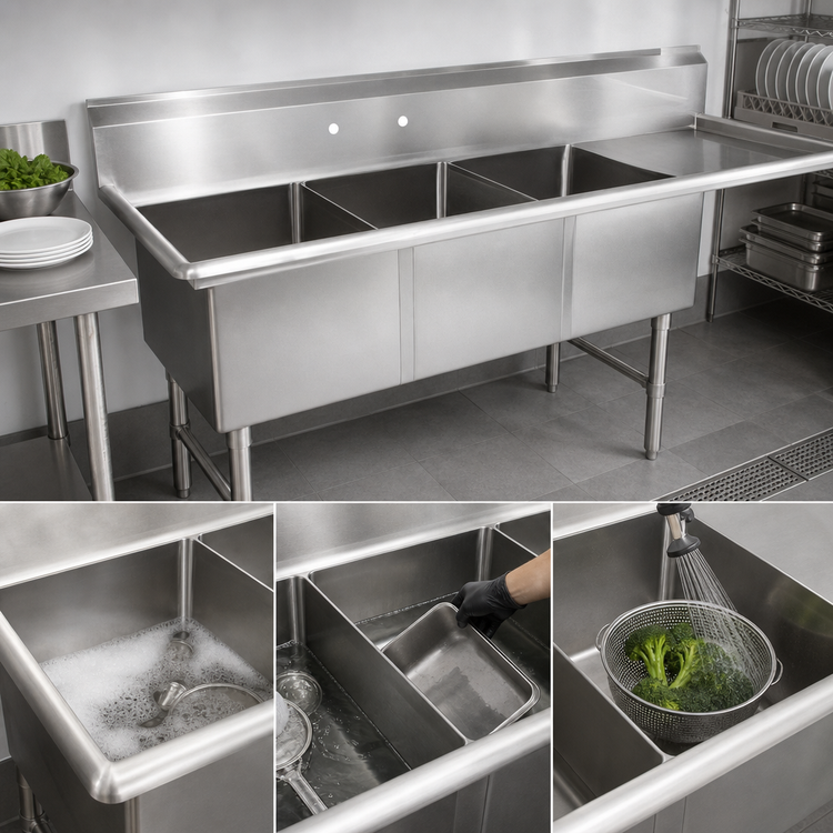 Product image #3 for John Boos B Series 3-Compartment Stainless Steel Sink with Right Drainboard, 76-3/16 in. W x 23-1/2 in. D x 44 in. H