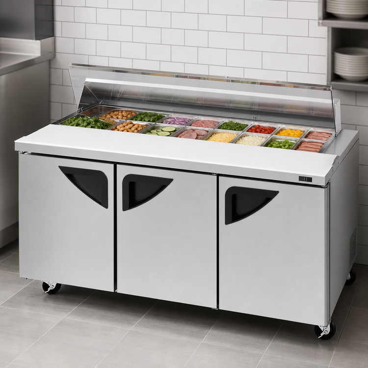 Product image #3 for Turbo Air Super Deluxe Three-Section Refrigerated Sandwich/Salad Prep Table with Clear Top and 10-Pan Opening
