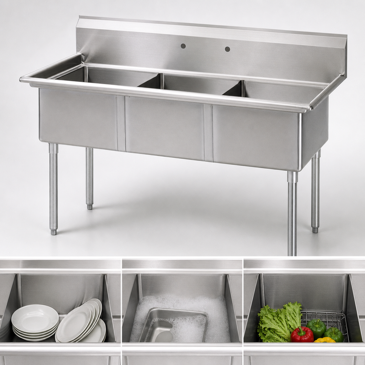 Product image #3 for Turbo Air 3-Compartment Stainless Steel Floor Sink with 11-Inch Backsplash, 60-Inch Wide, 18 x 18 x 14-Inch Bowls