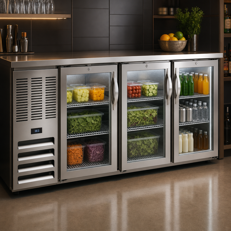 Product image #3 for Beverage Air BB72HC-FG-S Three-Section Food-Rated Glass Door Back Bar Refrigerator, 72-Inch Stainless Steel