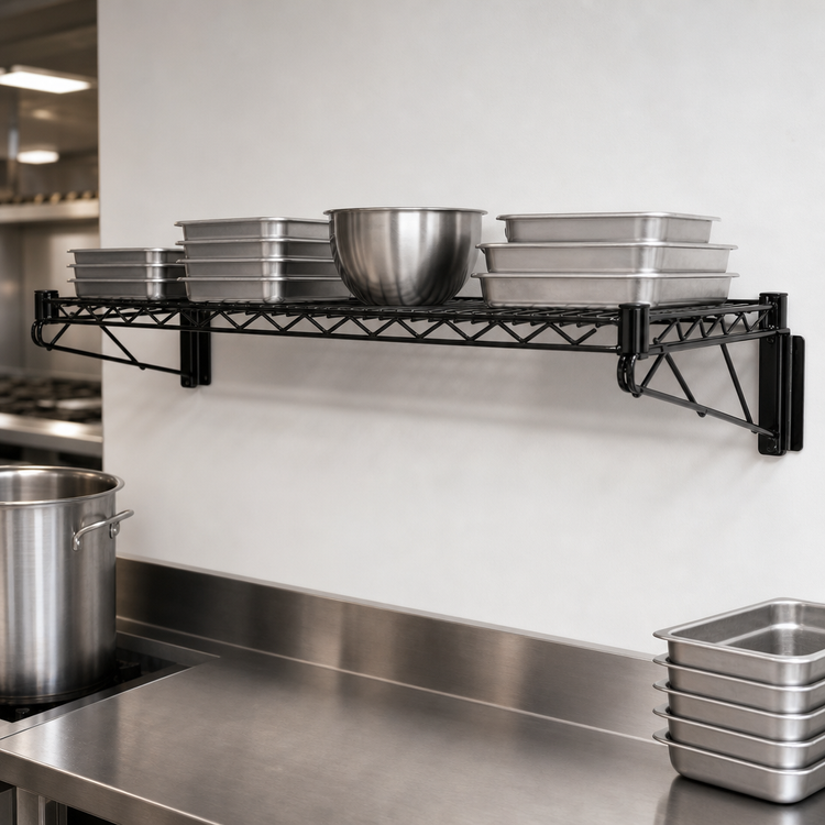 Product image #3 for Quantum Wall-Mounted Cantilever Single Wire Shelf Unit, 48 x 18 Inch, Black Epoxy Antimicrobial Finish