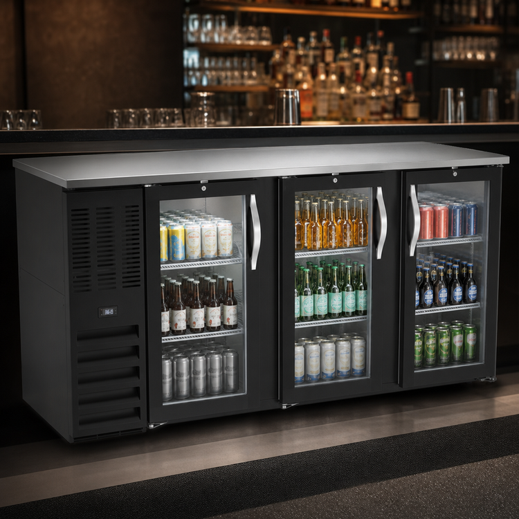 Product image #3 for Beverage-Air BB78HC-G-B 78-Inch Three-Section Glass Door Back Bar Refrigerator with 1-Inch Stainless Steel Top