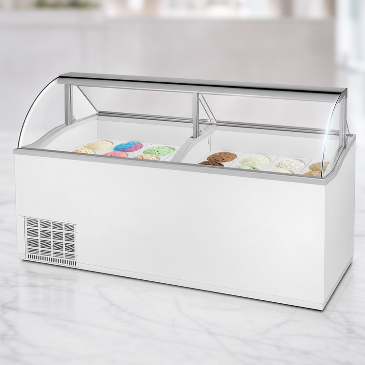 Product image #3 for Turbo Air 89-Inch White Ice Cream Dipping Cabinet with Curved Glass Top, 16 Top Tub Capacity