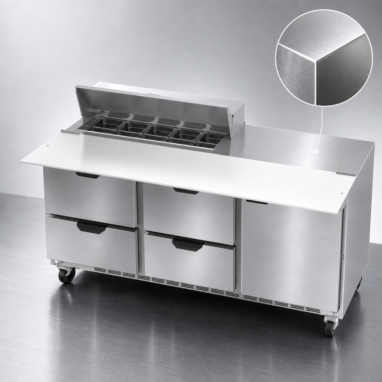 Product image #4 for Beverage-Air 72-Inch Three-Section Sandwich Prep Table Refrigerator with 17-Inch Cutting Board, 10-Pan Rail, 1 Door and 4 Drawers
