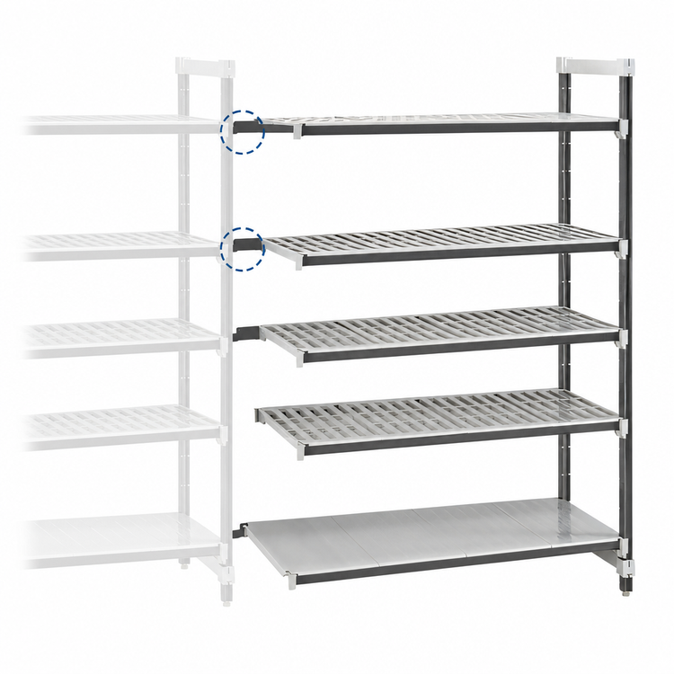 Product image #3 for Cambro Camshelving Elements XTRA 5-Tier Stationary Add-On Shelving Unit, 21" Deep x 30" Wide x 84" High, Vented & Solid, Speckled Gray
