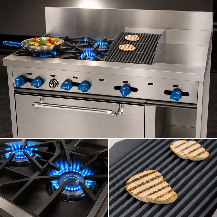Product image #3 for Comstock-Castle 48-Inch Stainless Steel Commercial Gas Range with 2 Open Burners, 12-Inch Griddle, 24-Inch Char-Broiler and Oven