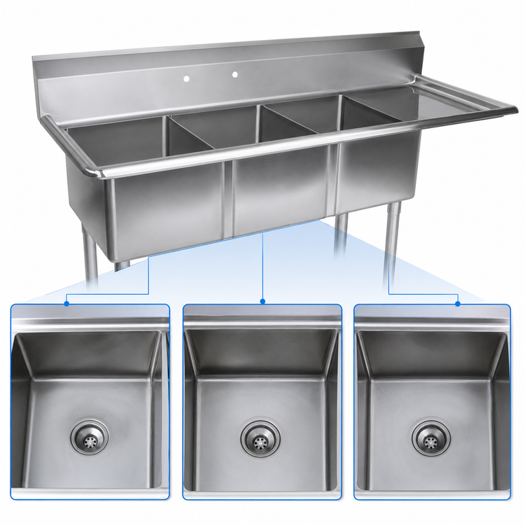 Product image #3 for John Boos E-Series 3-Compartment Stainless Steel Commercial Sink with Right Drainboard