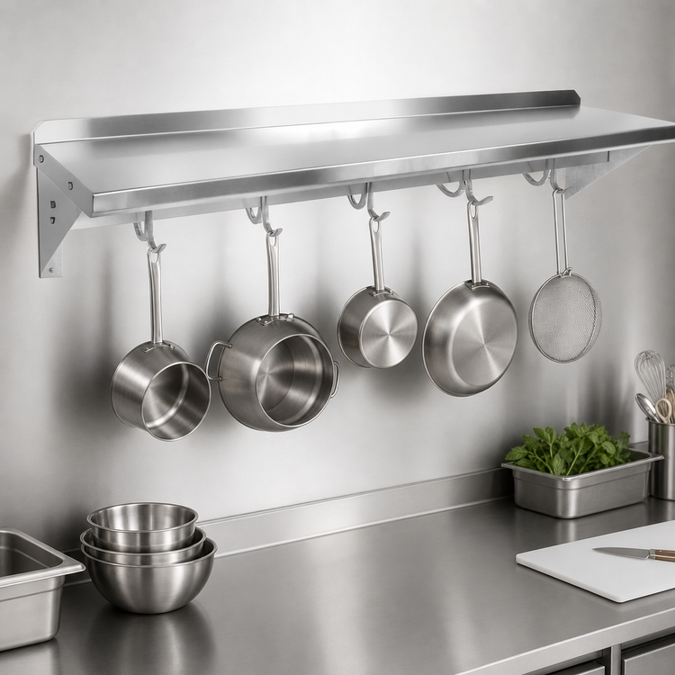 Product image #3 for John Boos Stallion 96-Inch Wall-Mount Pot Rack Shelf with 8 Hooks, 14-Gauge Stainless Steel