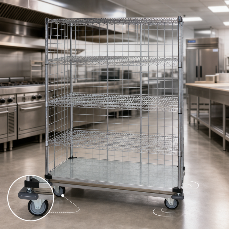 Product image #3 for Quantum 48 x 24 x 80 Inch 5-Shelf Wire Enclosed Mobile Cart, Chrome Plated Finish, 1200 lb. Capacity