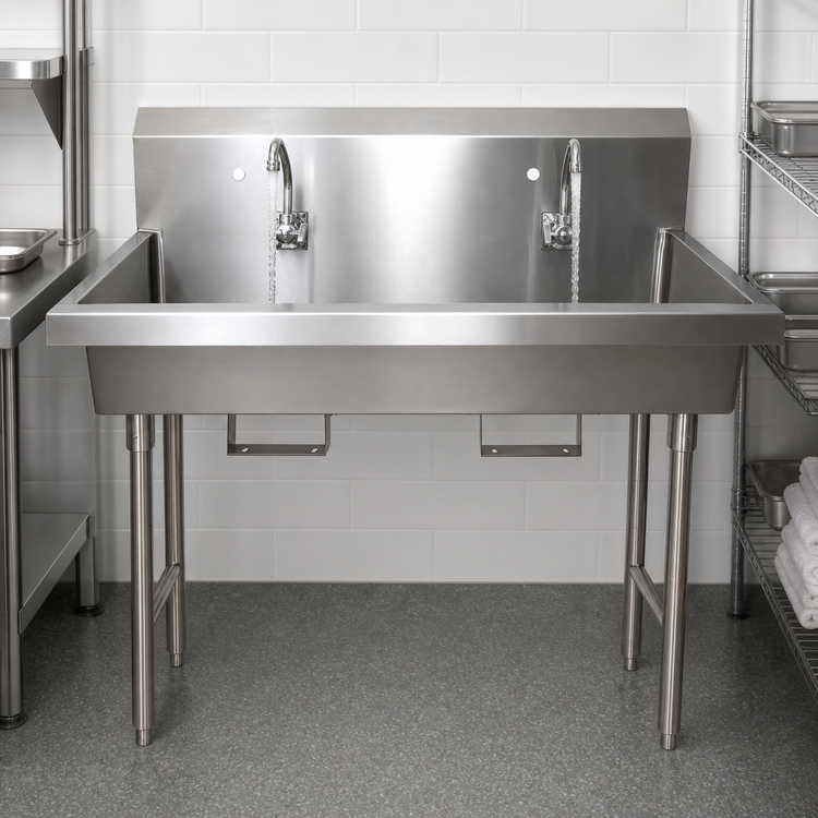 Product image #3 for BK Resources Two-Station Freestanding Hand Wash Sink with Knee Valve Bracket, 48 Inch Stainless Steel