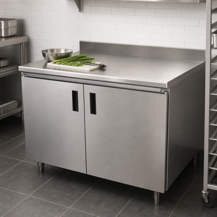 Product image #3 for Advance Tabco 84-Inch x 24-Inch Enclosed Work Table with Cabinet Base, Hinged Doors, 14-Gauge 304 Stainless Steel Top, and 5-Inch Backsplash