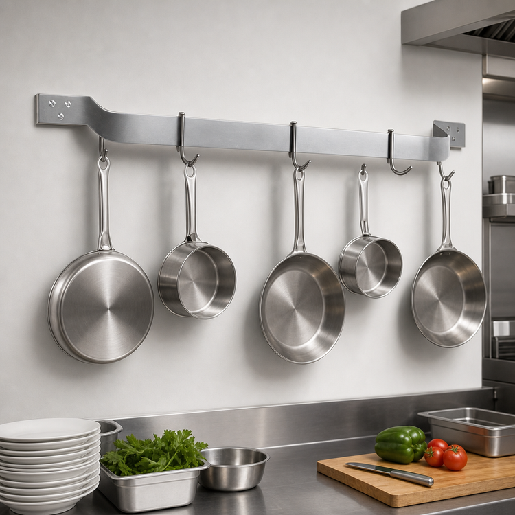 Product image #3 for Eagle Group 60-Inch Wall-Mount Stainless Steel Single-Bar Pot Rack with 5 Double-Prong Hooks