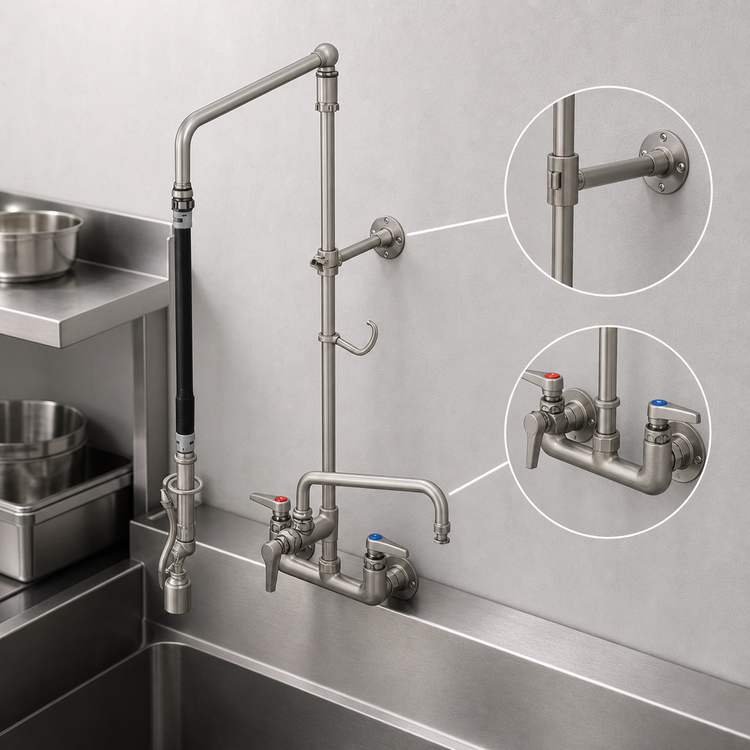 Product image #3 for T&S Brass EasyInstall Wall-Mount Pre-Rinse Unit with Add-On Faucet, 12" Swivel Gooseneck, and 0.65 GPM Spray Valve