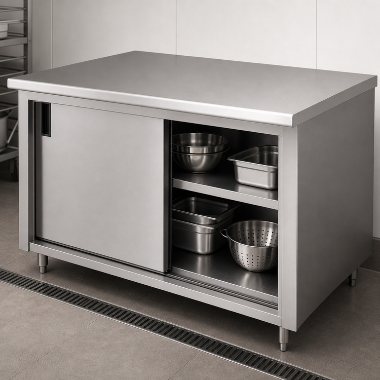 Product image #3 for Advance Tabco Special Value Economy Enclosed Work Table with Cabinet Base and Sliding Doors, 96 x 30 Inches, 16 Gauge 304 Stainless Steel Top