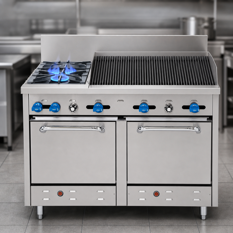 Product image #3 for Comstock-Castle 48-Inch Gas Range with 2 Open Burners, 36-Inch Char-Broiler, and 2 Space-Saver Ovens