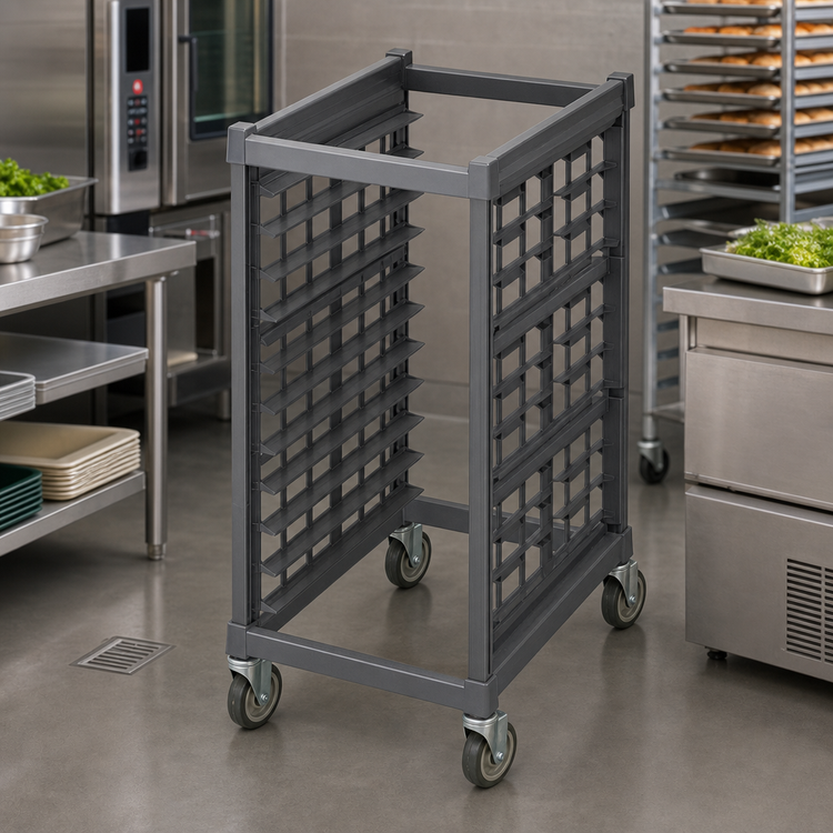 Product image #4 for Cambro Camshelving Ultimate Half-Size Mobile Sheet Pan Rack, 12 Full-Size / 24 Half-Size Camtray Capacity, 3-Inch Rail Spacing, Metal Casters, Brushed Graphite