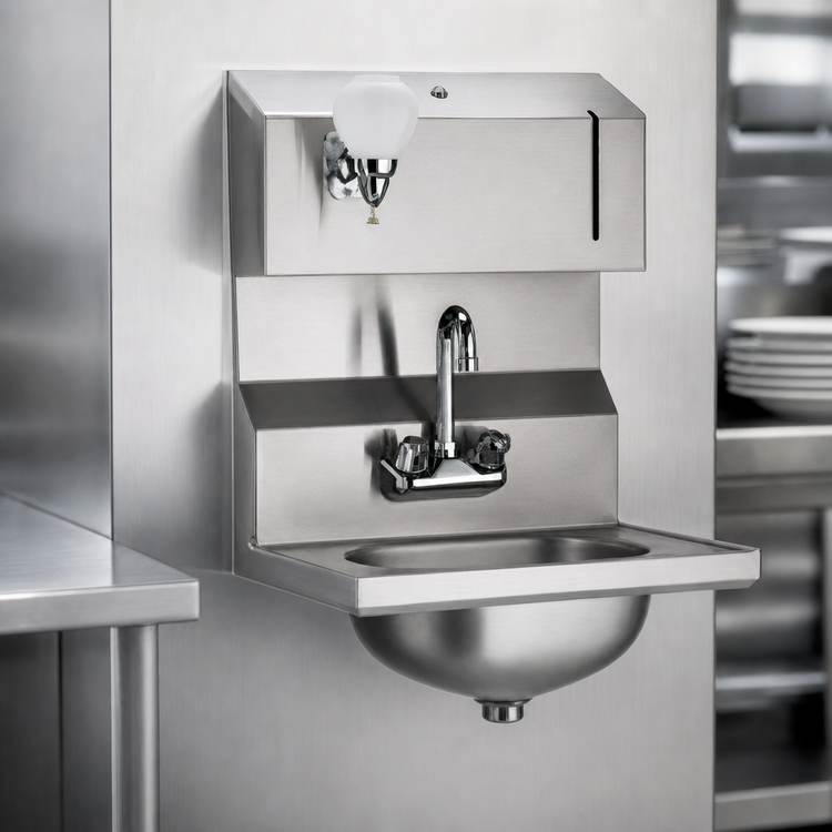 Product image #3 for 304 Stainless Steel Wall-Mount Hand Sink with Integrated Towel and Soap Dispensers, Gooseneck Faucet, and Basket Drain
