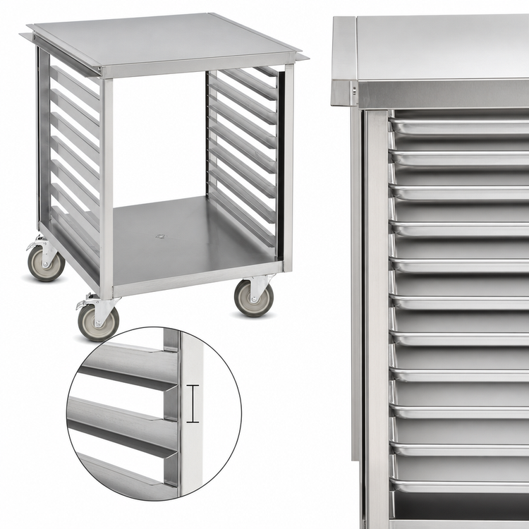 Product image #3 for 25-1/2-Inch Mobile Stainless Steel Equipment Stand with Wing Table, 16 Pan Slides