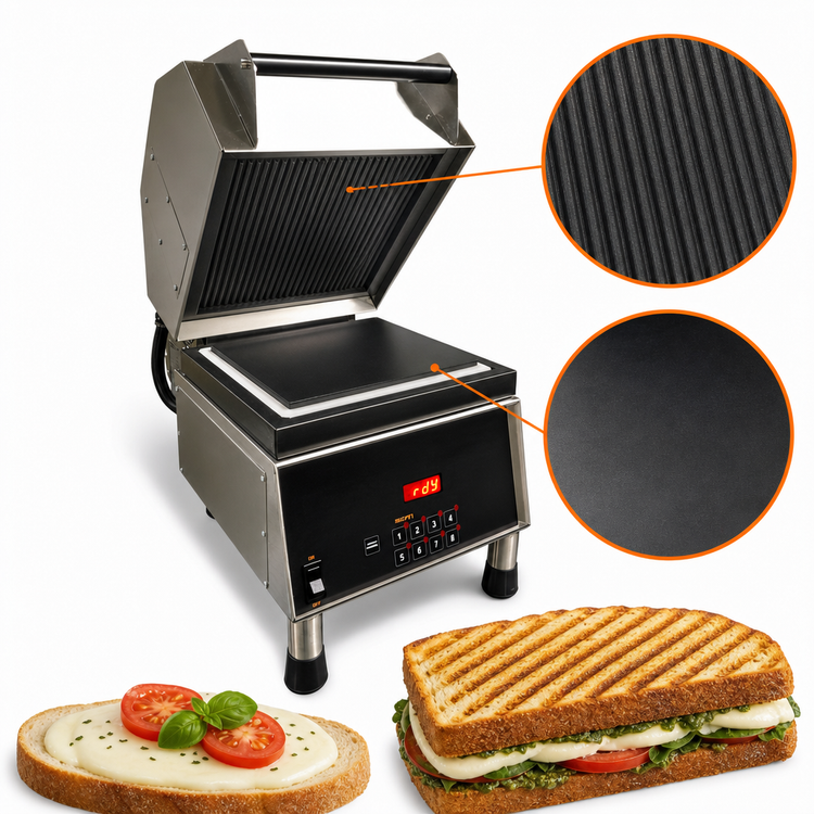 Product image #3 for Nemco PaniniPro Countertop Commercial Panini Press with Grooved Top & Smooth Bottom, 240V