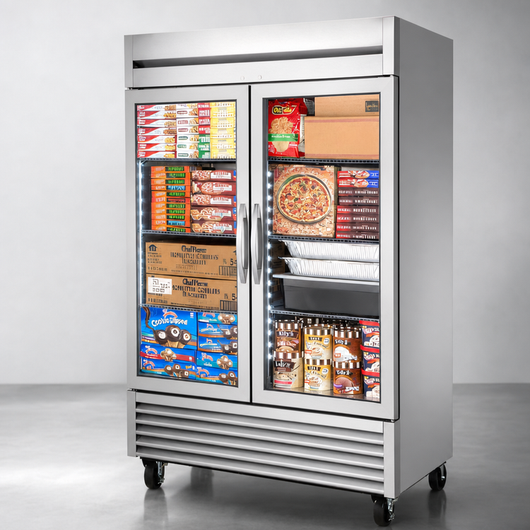 Product image #3 for True Two-Section Reach-In Display Freezer with Framed Glass Doors, Self-Contained Bottom Mount