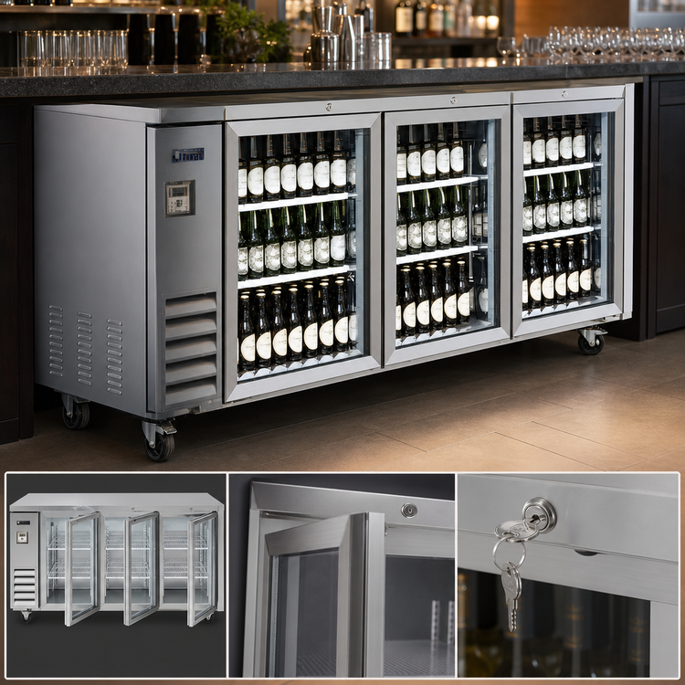 Product image #3 for IKON Refrigeration Three-Section Glass Door Back Bar Cooler, 73.1-Inch, Stainless Steel, Left-Side Self-Contained